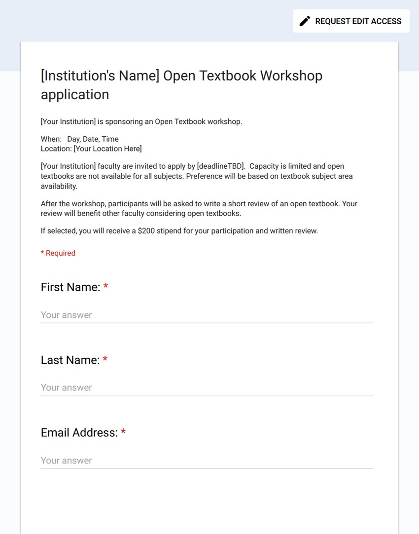 [Institution's Name] Open Textbook Workshop Application - Page 1