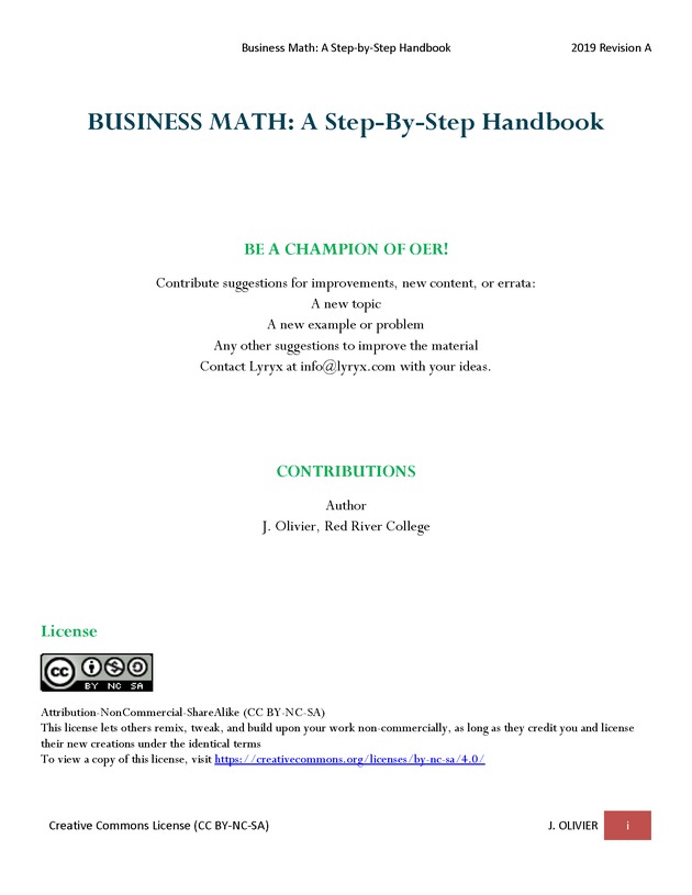 BUSINESS MATH: A Step-By-Step Handbook - Title Page 1