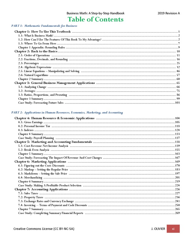 BUSINESS MATH: A Step-By-Step Handbook - Table of Contents 1
