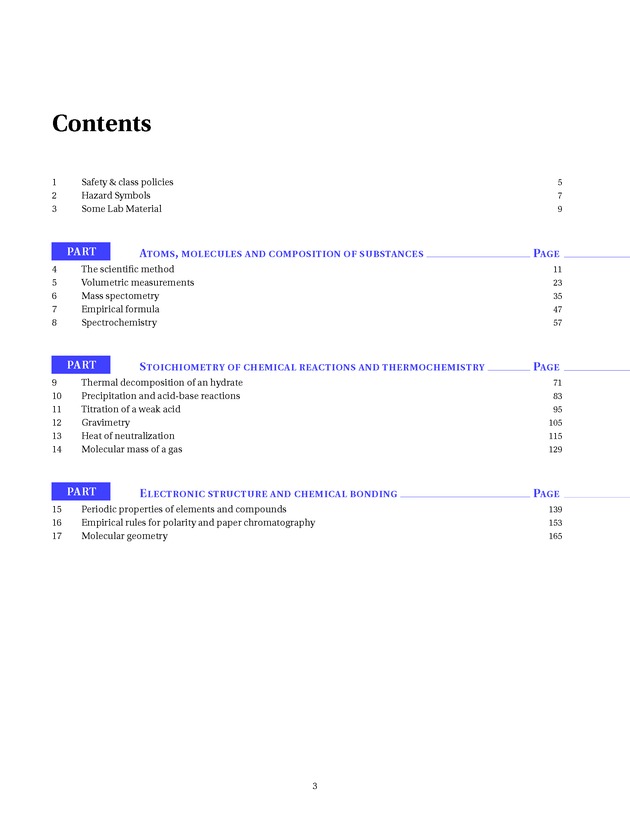 Experiments in College Chemistry I - Table of Contents 1