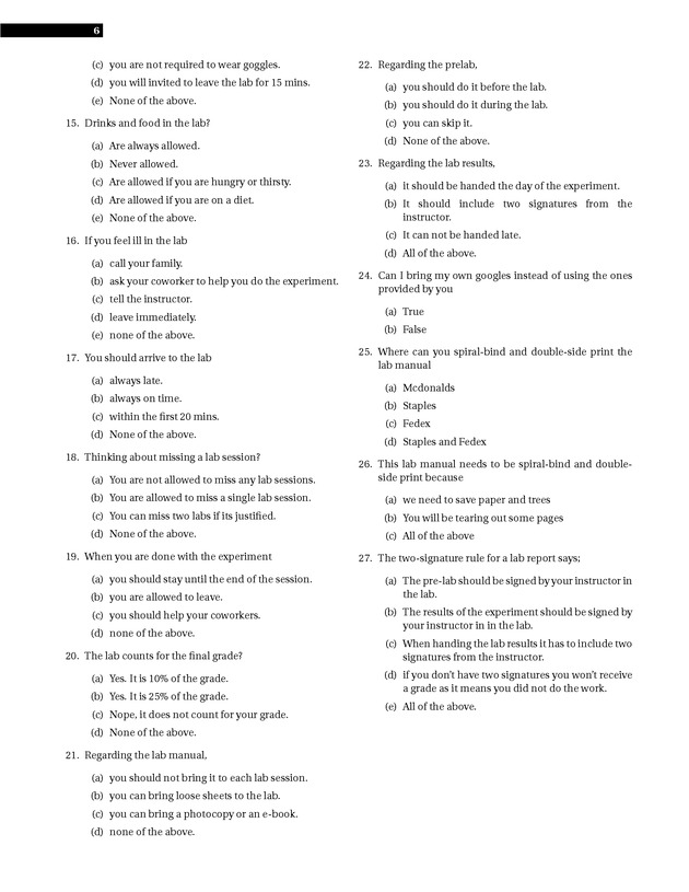 Experiments in College Chemistry I - Safety and Class Policies 2