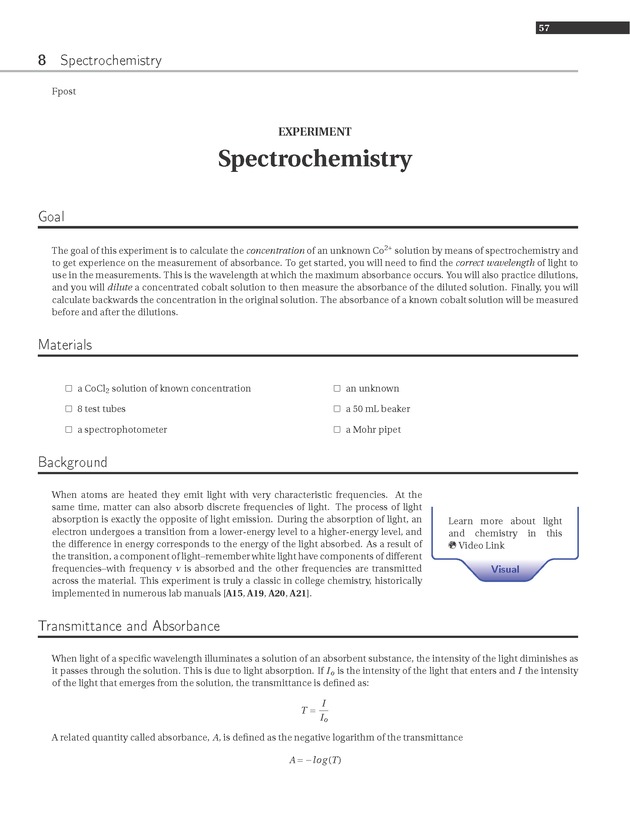 Experiments in College Chemistry I - Spectrochemistry 1