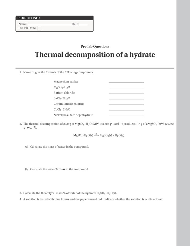 Experiments in College Chemistry I - Thermal Decomposition of a Hydrate 7
