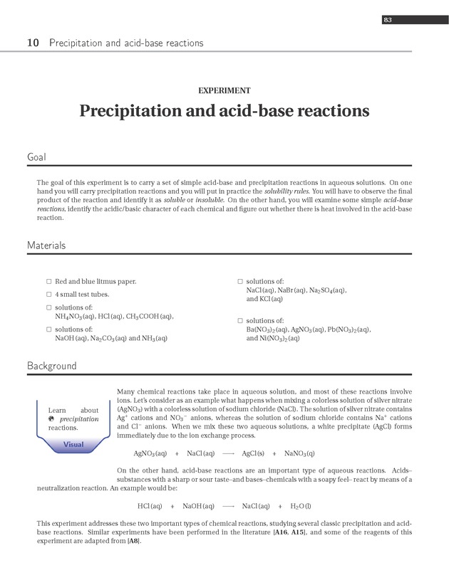 Experiments in College Chemistry I - Precipitation and acid- based reactions 1
