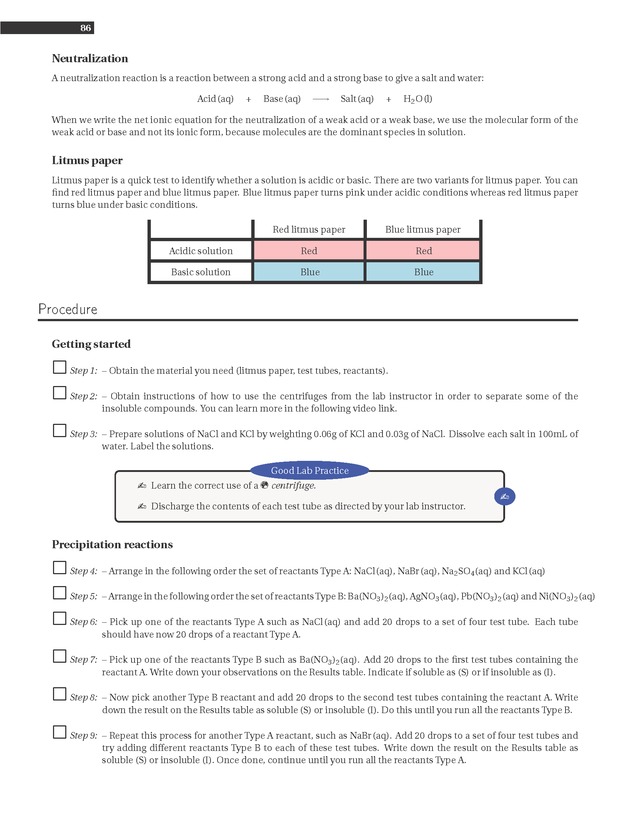 Experiments in College Chemistry I - Precipitation and acid- based reactions 4