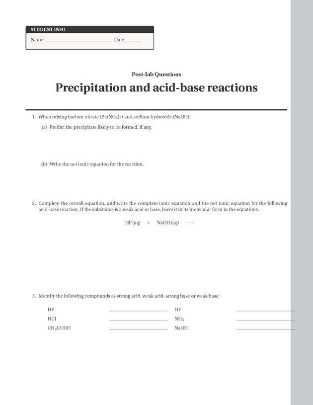 Experiments in College Chemistry I - Precipitation and acid- based reactions 11