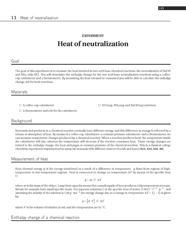 Experiments in College Chemistry I - Heat of nuetralization 1