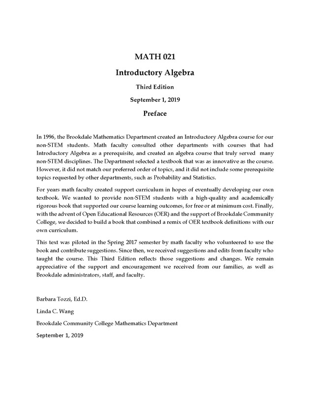 Math 021 Introductory Algebra, Third Edition - Preface 1