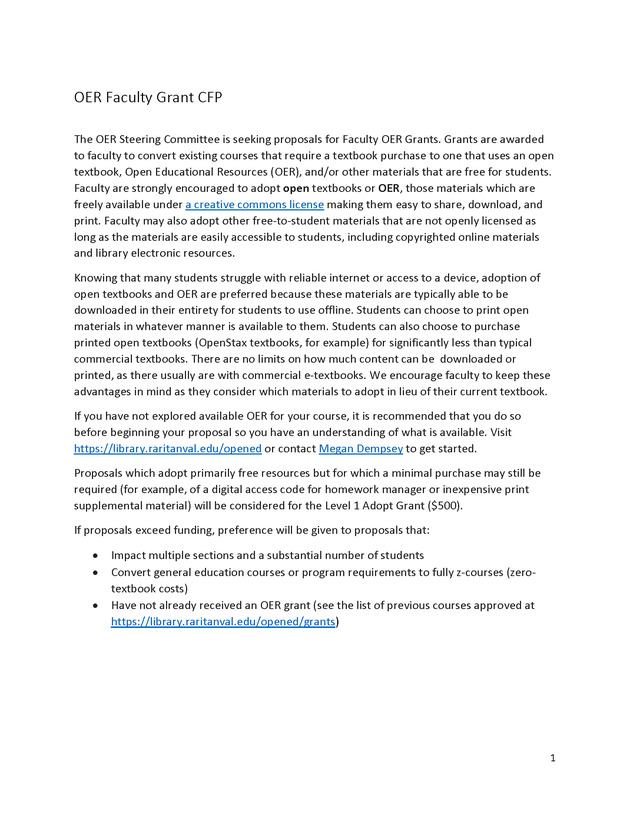 Raritan Valley Community College Faculty OER Grants - Call for Proposals - Page 1