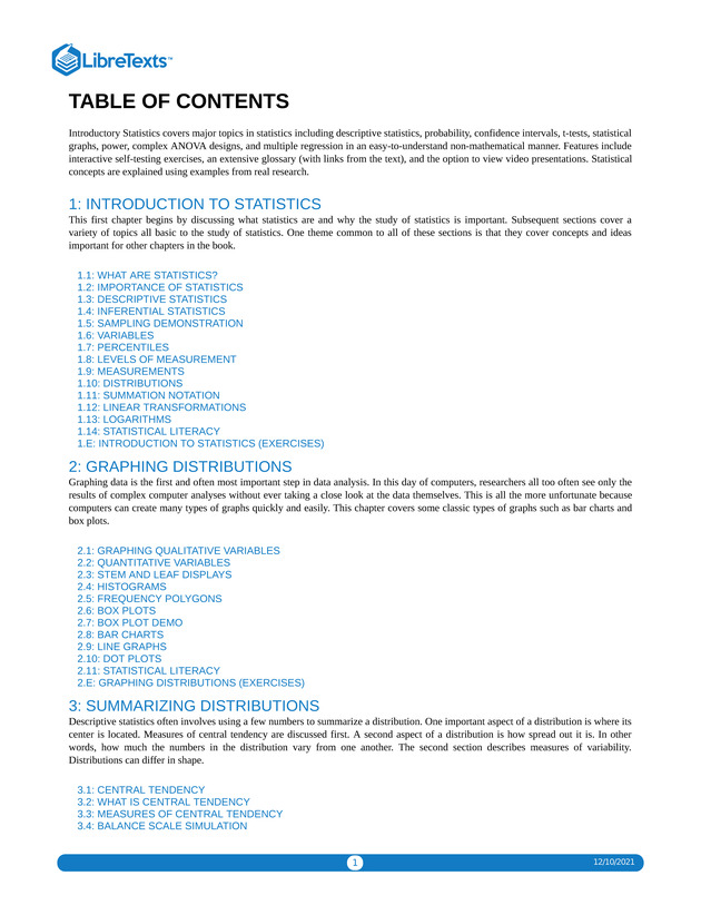 Introductory Statistics - Table of Contents 1