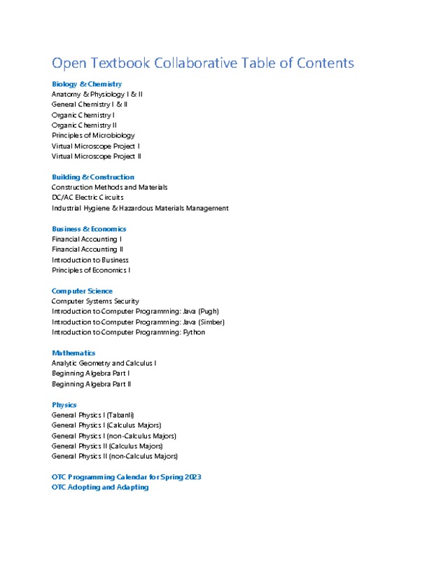 Open Textbook Collaborative Course Catalog - Title Page