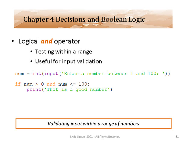 Computer Programming Python Lecture - Decisions and Logic (Ch. 4) - Slide 31