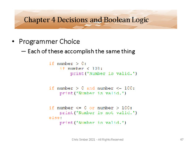 Computer Programming Python Lecture - Decisions and Logic (Ch. 4) - Slide 47