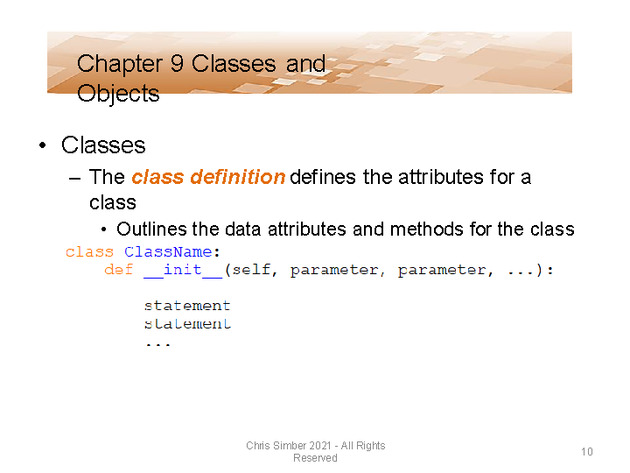Computer Programming Python Lecture - Classes and Objects (Ch. 9) - Slide 10