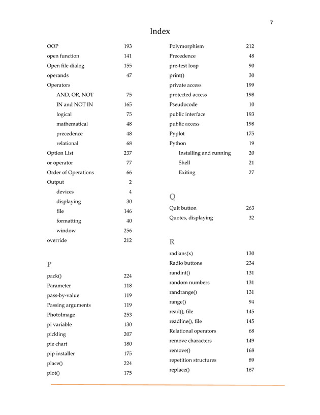 Computer Programming Python - Textbook - Index 7